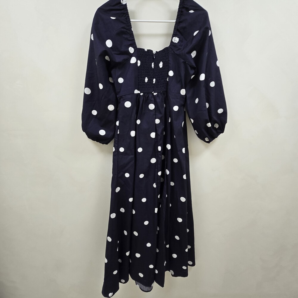 Free Assembly Polka Dot Midi Dress Navy White Puff Sleeve Square Neck Size S
